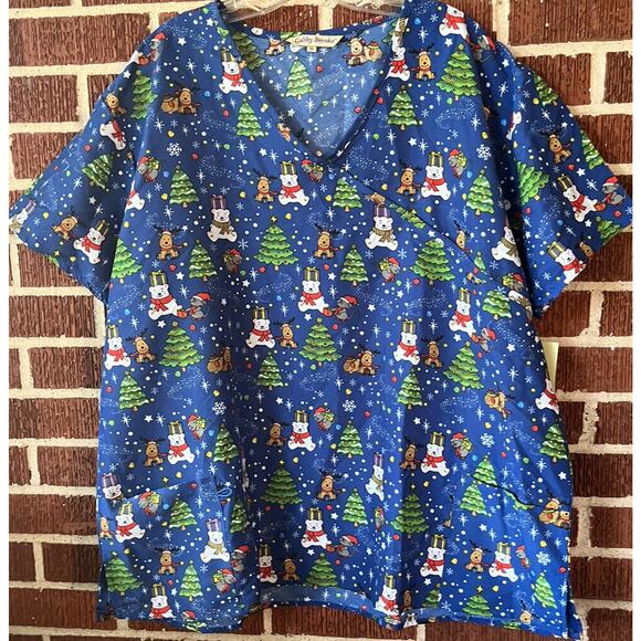 Gabby Brooke Women's Christmas Blue Scrub Top with Pockets Size 3X NWT - Picture 1 of 4